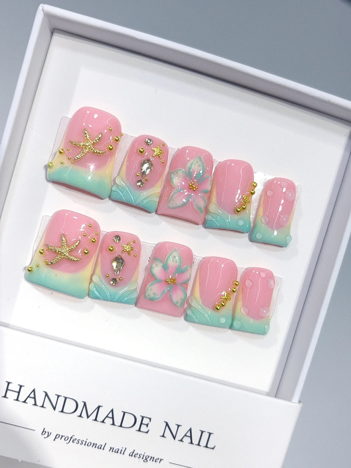 L315 - Short Pink Mint Duck Ombre French Tip Starfish Floral - view 1