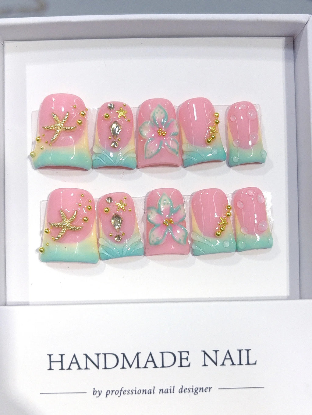 L315 - Short Pink Mint Duck Ombre French Tip Starfish Floral - view 2