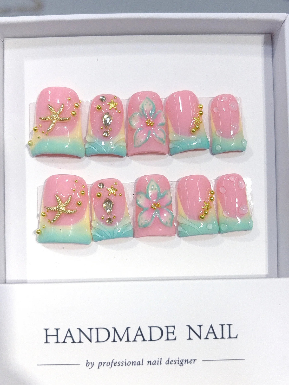 L315 - Short Pink Mint Duck Ombre French Tip Starfish Floral - view 2