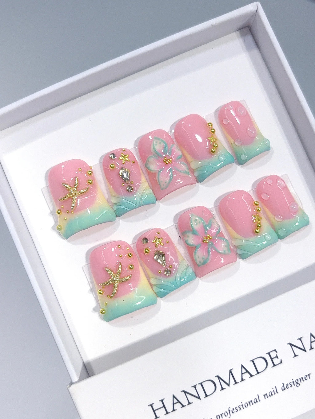 L315 - Short Pink Mint Duck Ombre French Tip Starfish Floral - view 3
