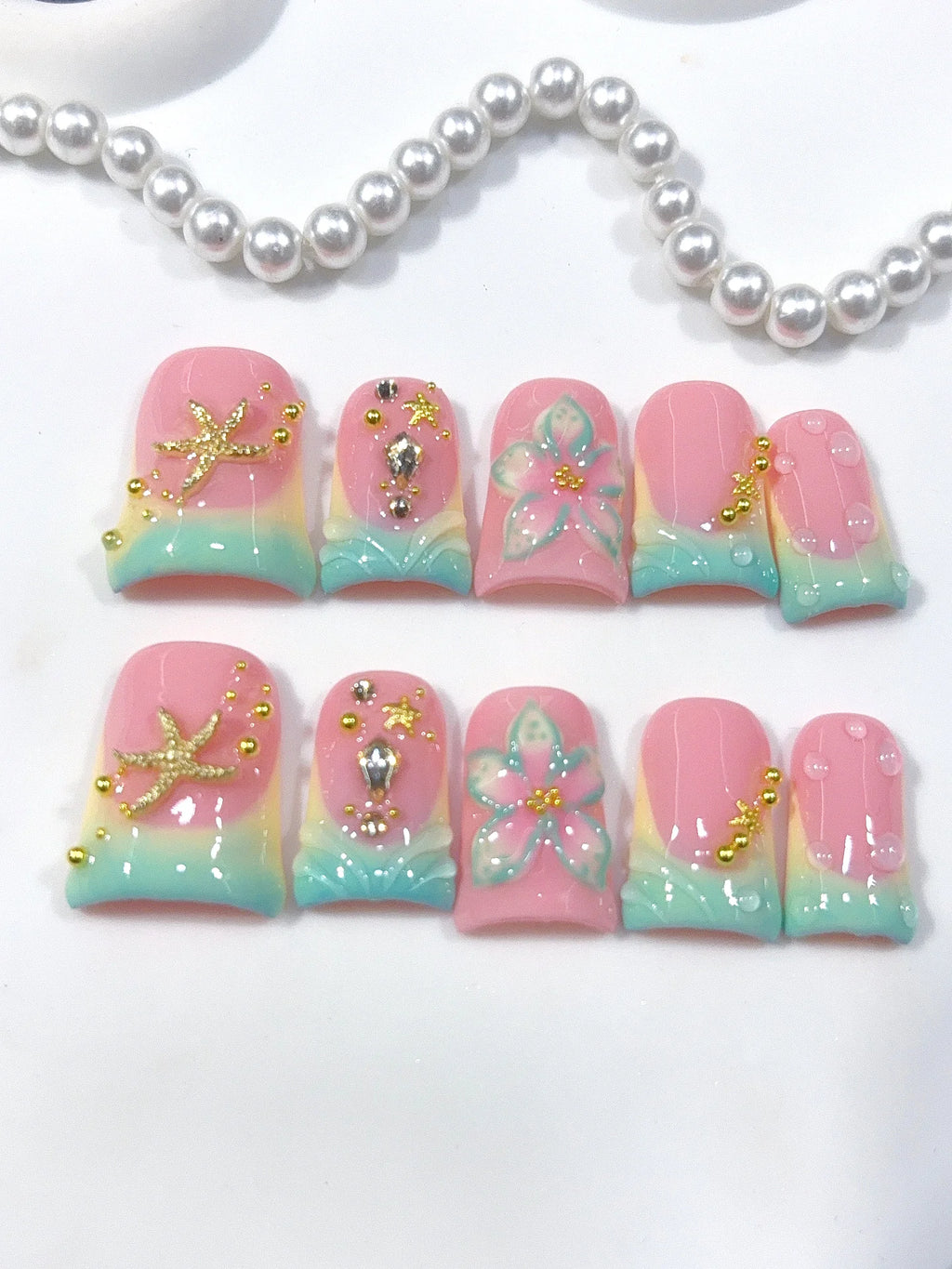 L315 - Short Pink Mint Duck Ombre French Tip Starfish Floral - view 4