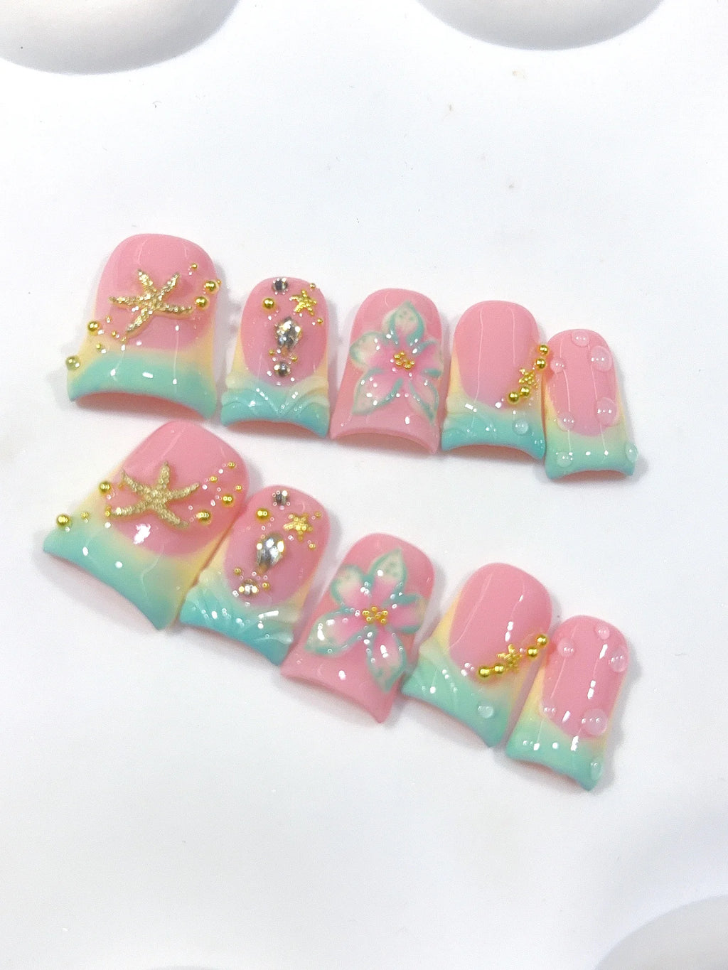 L315 - Short Pink Mint Duck Ombre French Tip Starfish Floral - view 5
