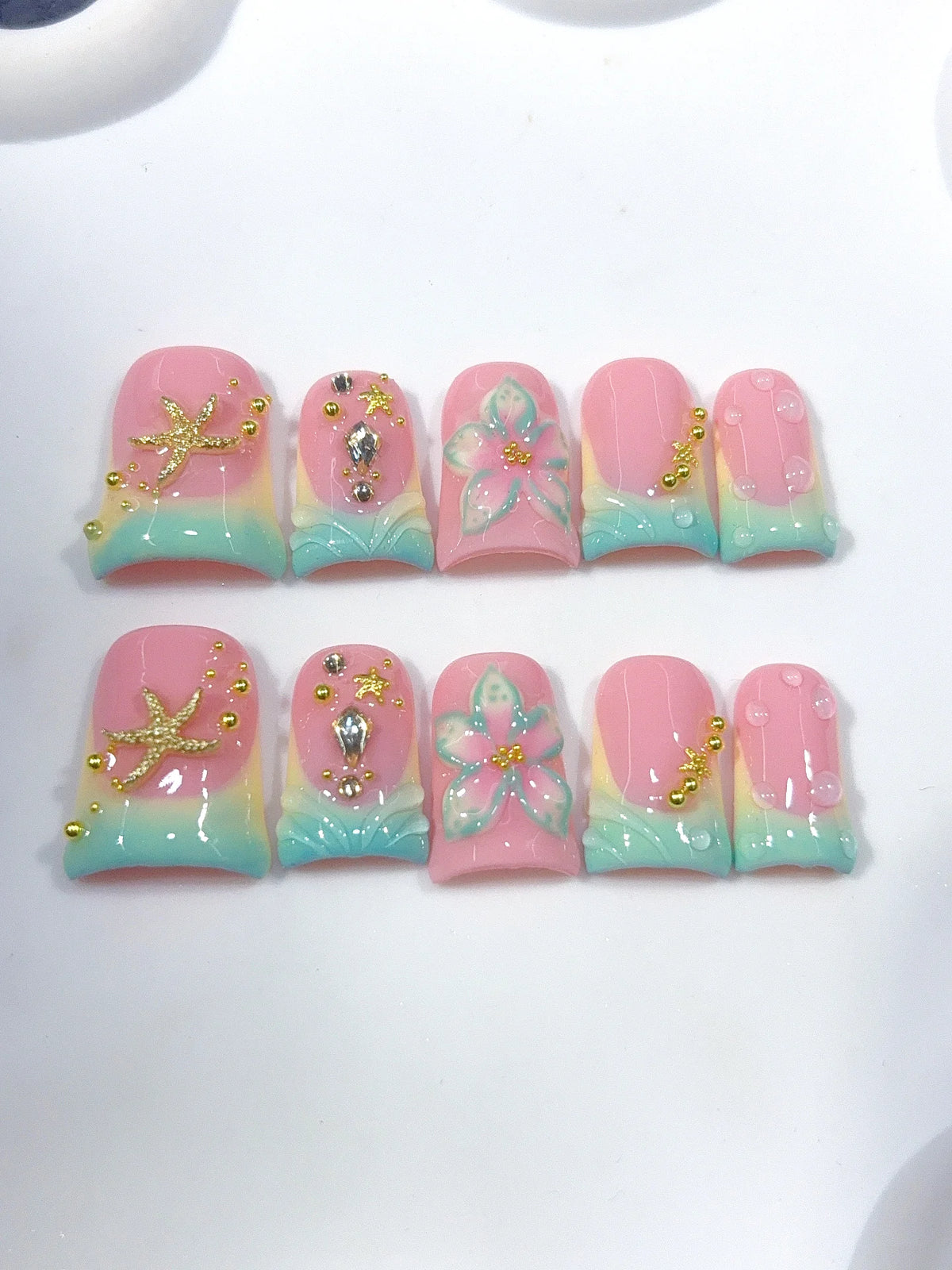 L315 - Short Pink Mint Duck Ombre French Tip Starfish Floral - view 6