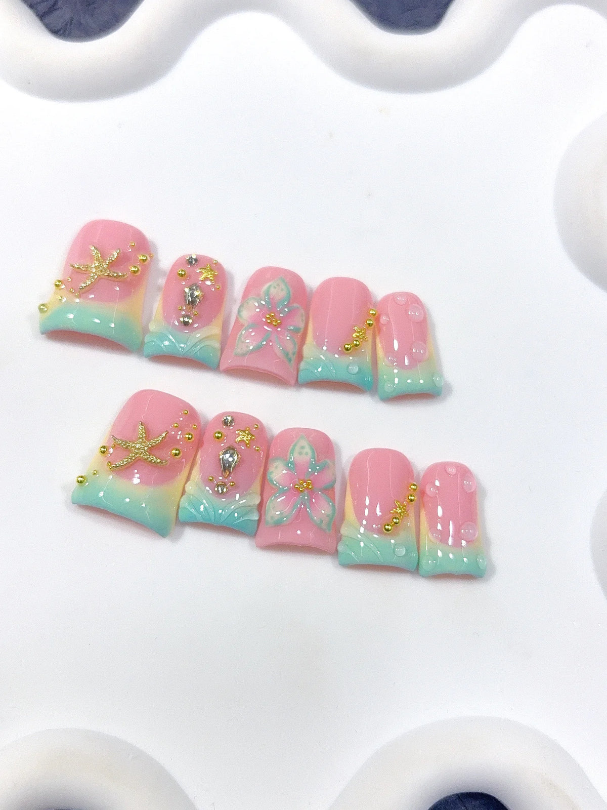 L315 - Short Pink Mint Duck Ombre French Tip Starfish Floral - view 7