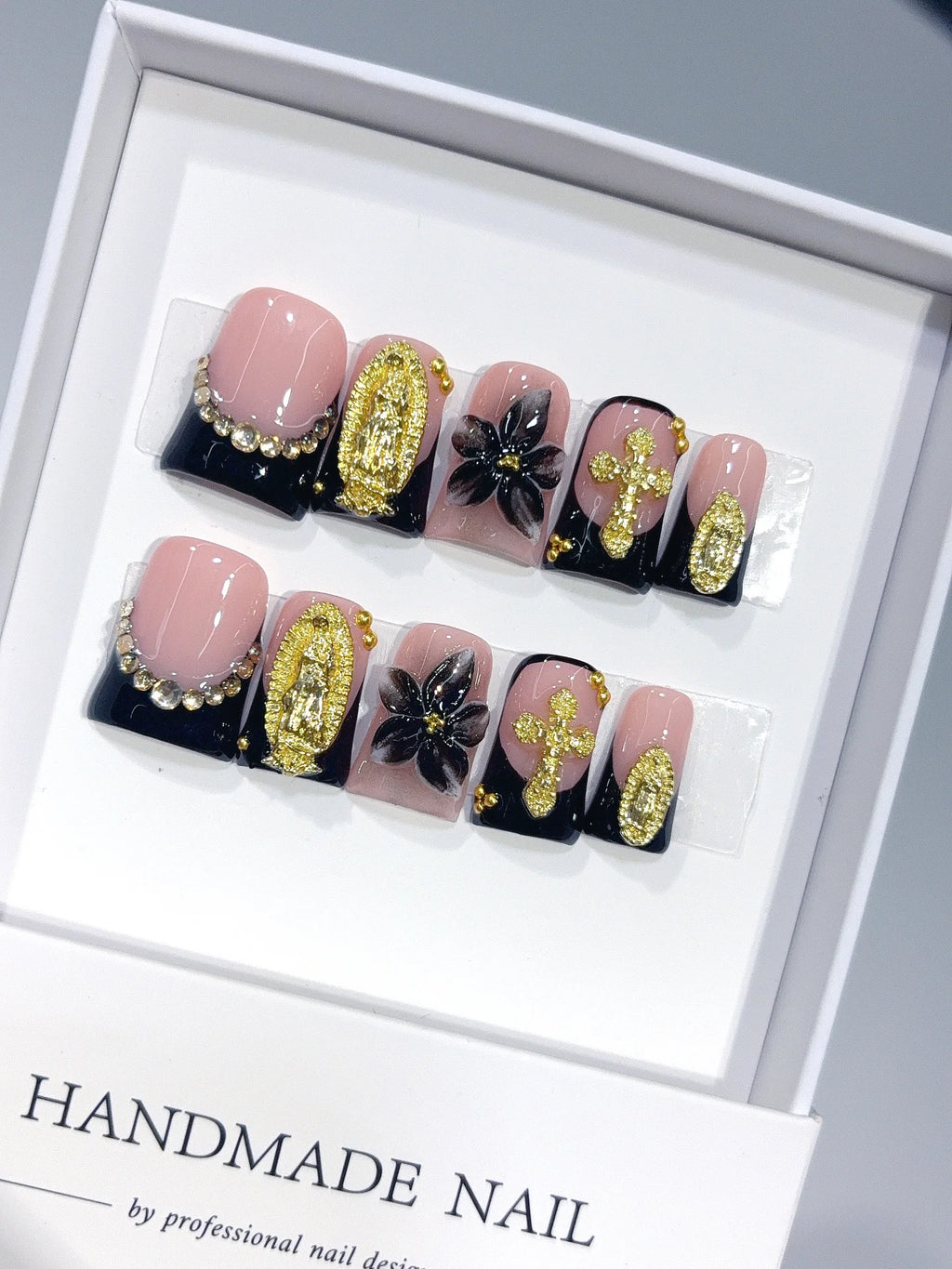L316 - Short Nude Black Duck French Tip Gold Cross Floral - view 1