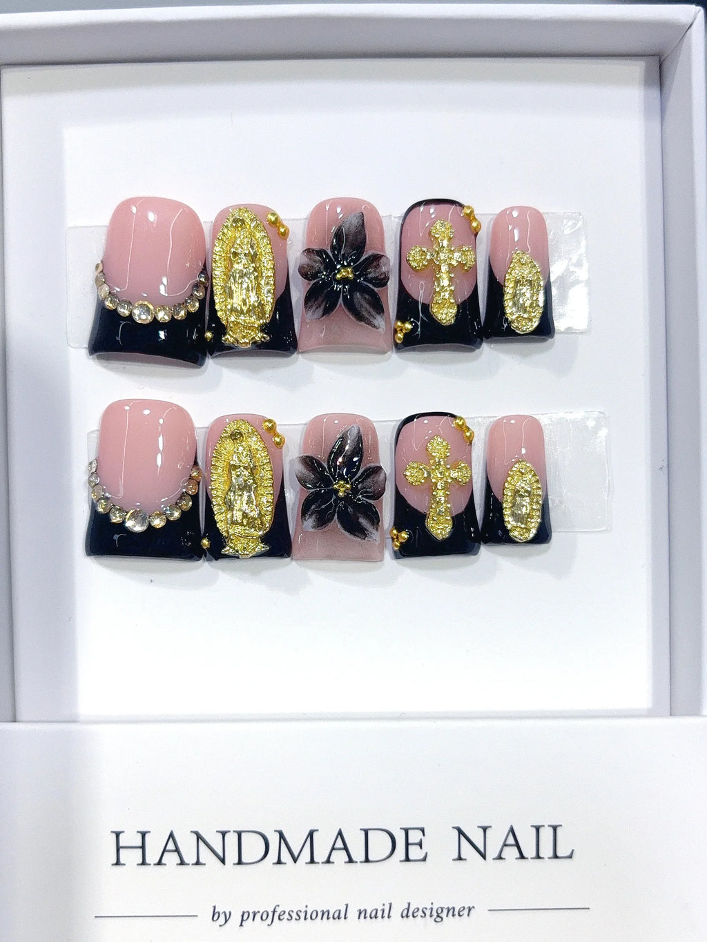 L316 - Short Nude Black Duck French Tip Gold Cross Floral - view 2