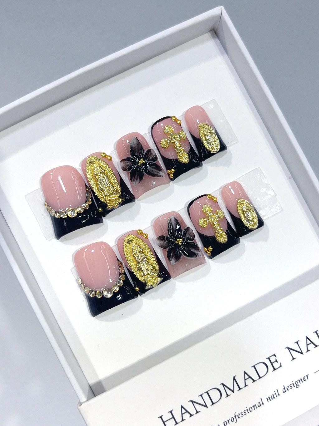 L316 - Short Nude Black Duck French Tip Gold Cross Floral - view 3
