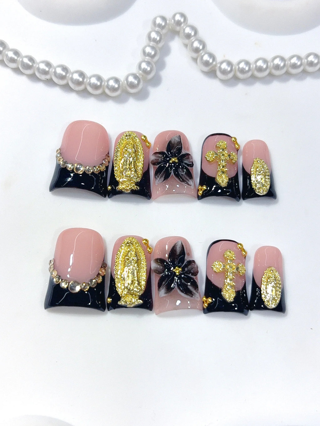 L316 - Short Nude Black Duck French Tip Gold Cross Floral - view 4