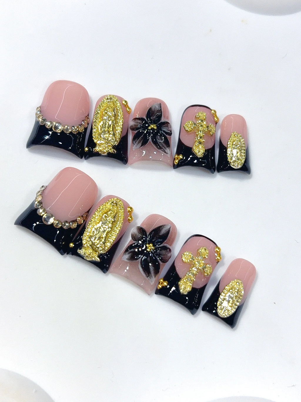 L316 - Short Nude Black Duck French Tip Gold Cross Floral - view 5