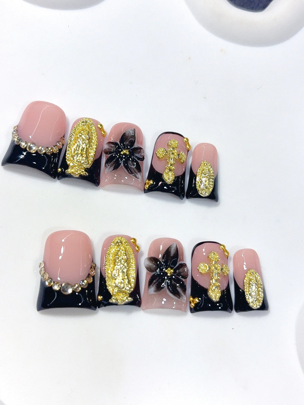 L316 - Short Nude Black Duck French Tip Gold Cross Floral - view 6