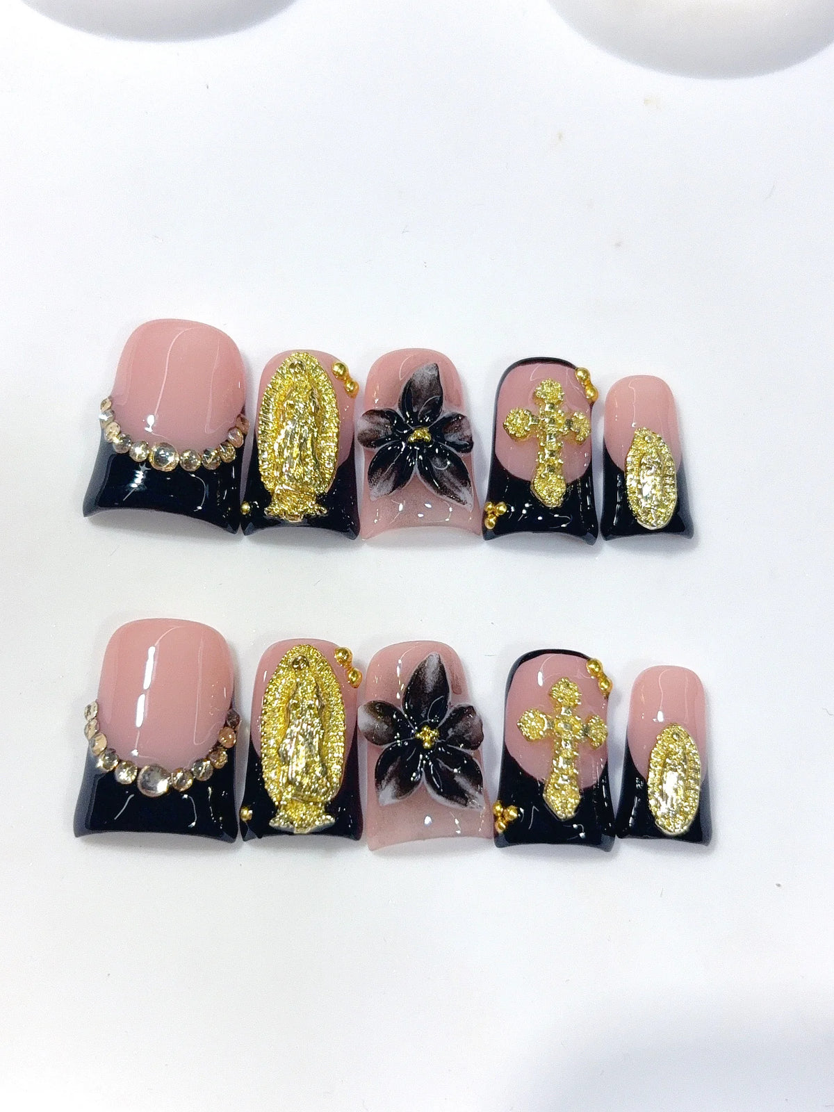 L316 - Short Nude Black Duck French Tip Gold Cross Floral - view 7