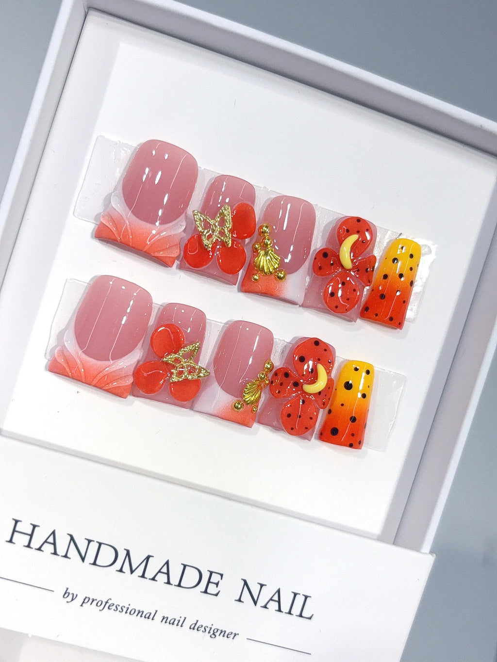 L318 - Short Orange Red Duck Ombre French Tip 3D Flowers - view 1