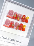 L318 - Short Orange Red Duck Ombre French Tip 3D Flowers - view 1