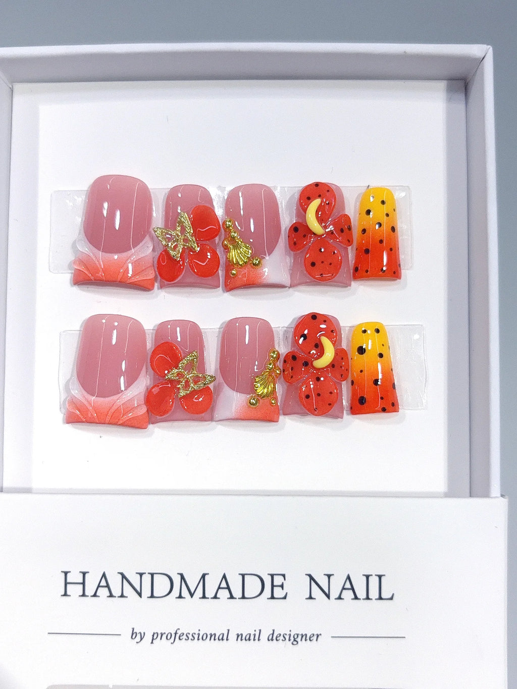 L318 - Short Orange Red Duck Ombre French Tip 3D Flowers - view 2