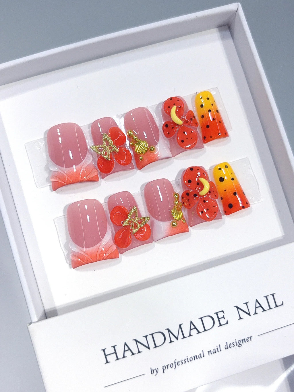 L318 - Short Orange Red Duck Ombre French Tip 3D Flowers - view 3