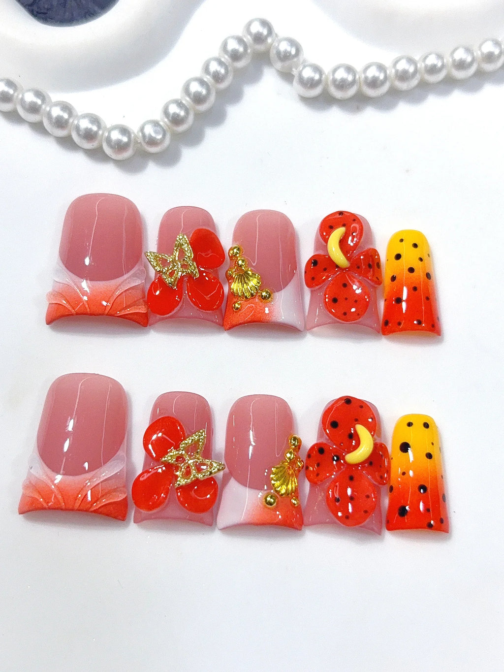 L318 - Short Orange Red Duck Ombre French Tip 3D Flowers - view 4