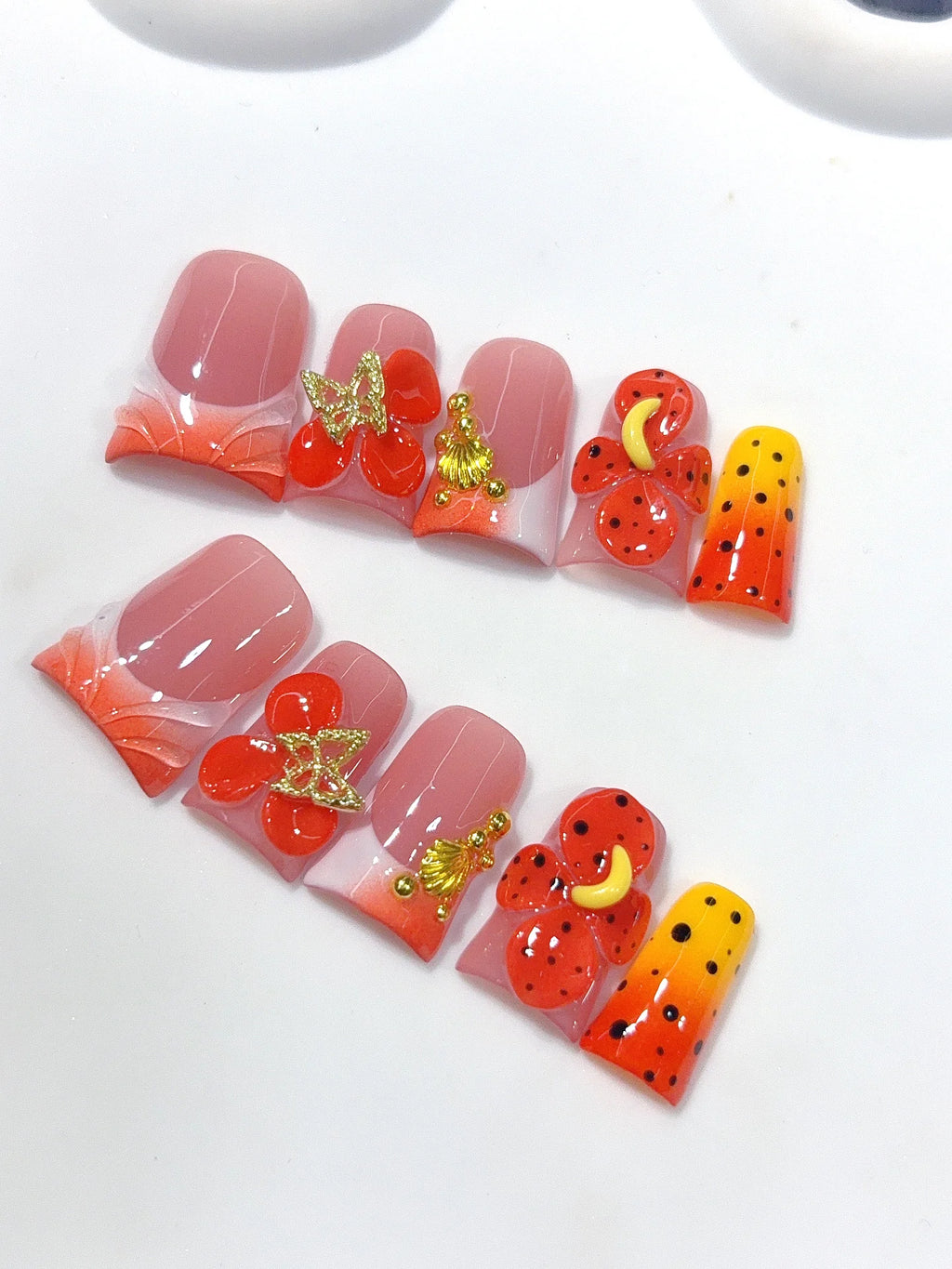 L318 - Short Orange Red Duck Ombre French Tip 3D Flowers - view 5