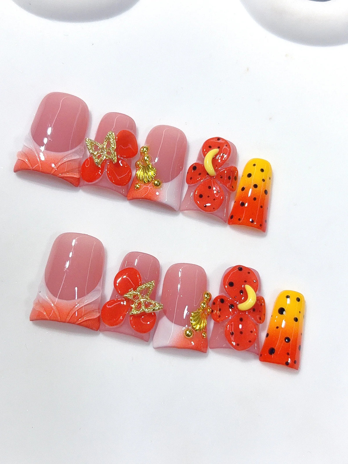 L318 - Short Orange Red Duck Ombre French Tip 3D Flowers - view 6