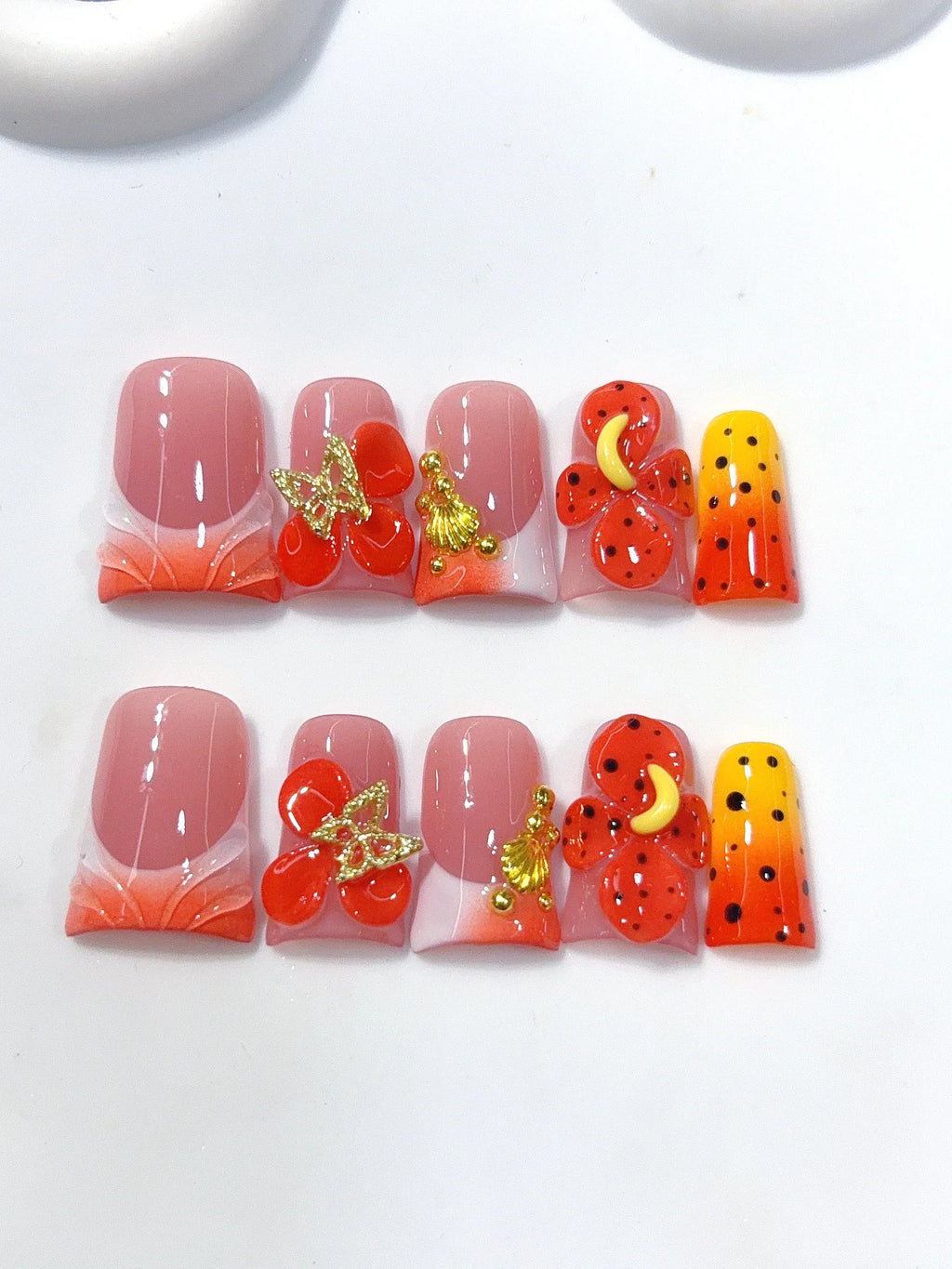 L318 - Short Orange Red Duck Ombre French Tip 3D Flowers - view 7