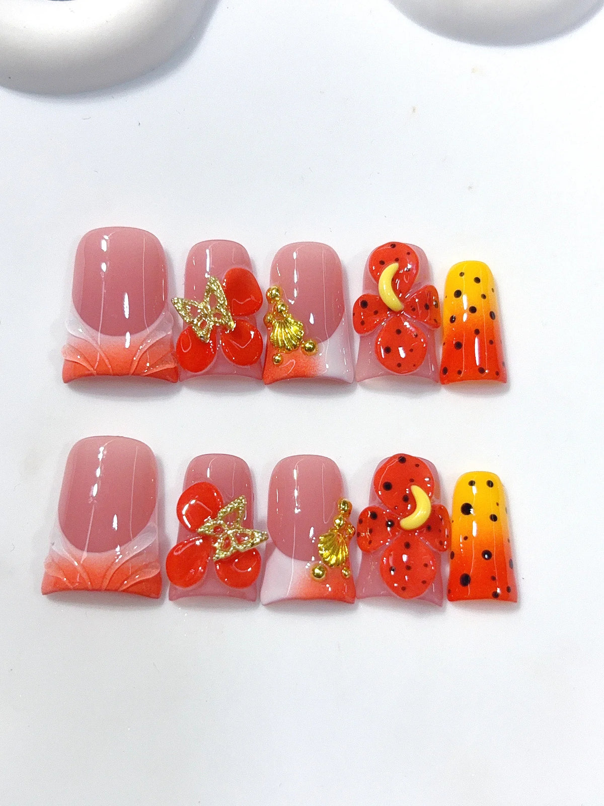 L318 - Short Orange Red Duck Ombre French Tip 3D Flowers - view 7