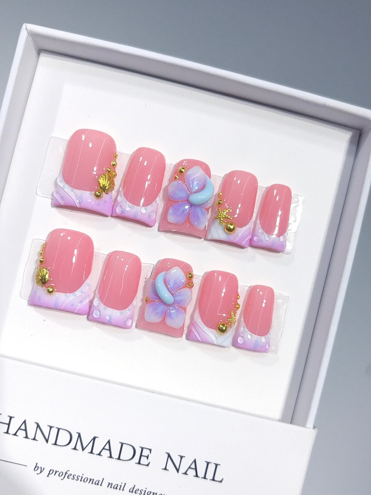 L319 - Short Pink Lilac Duck Ombre French Tip 3D Flower - view 1