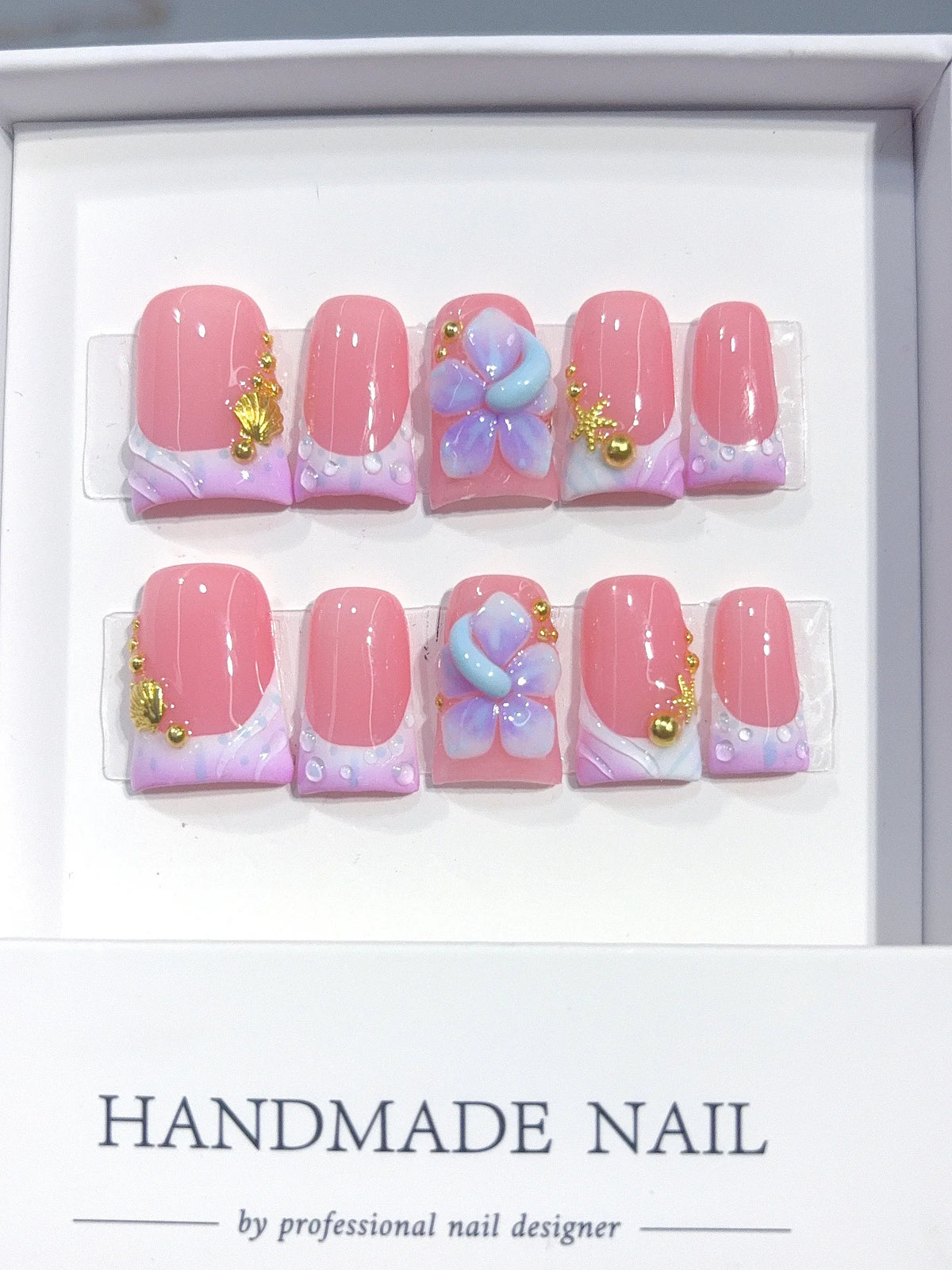L319 - Short Pink Lilac Duck Ombre French Tip 3D Flower - view 2