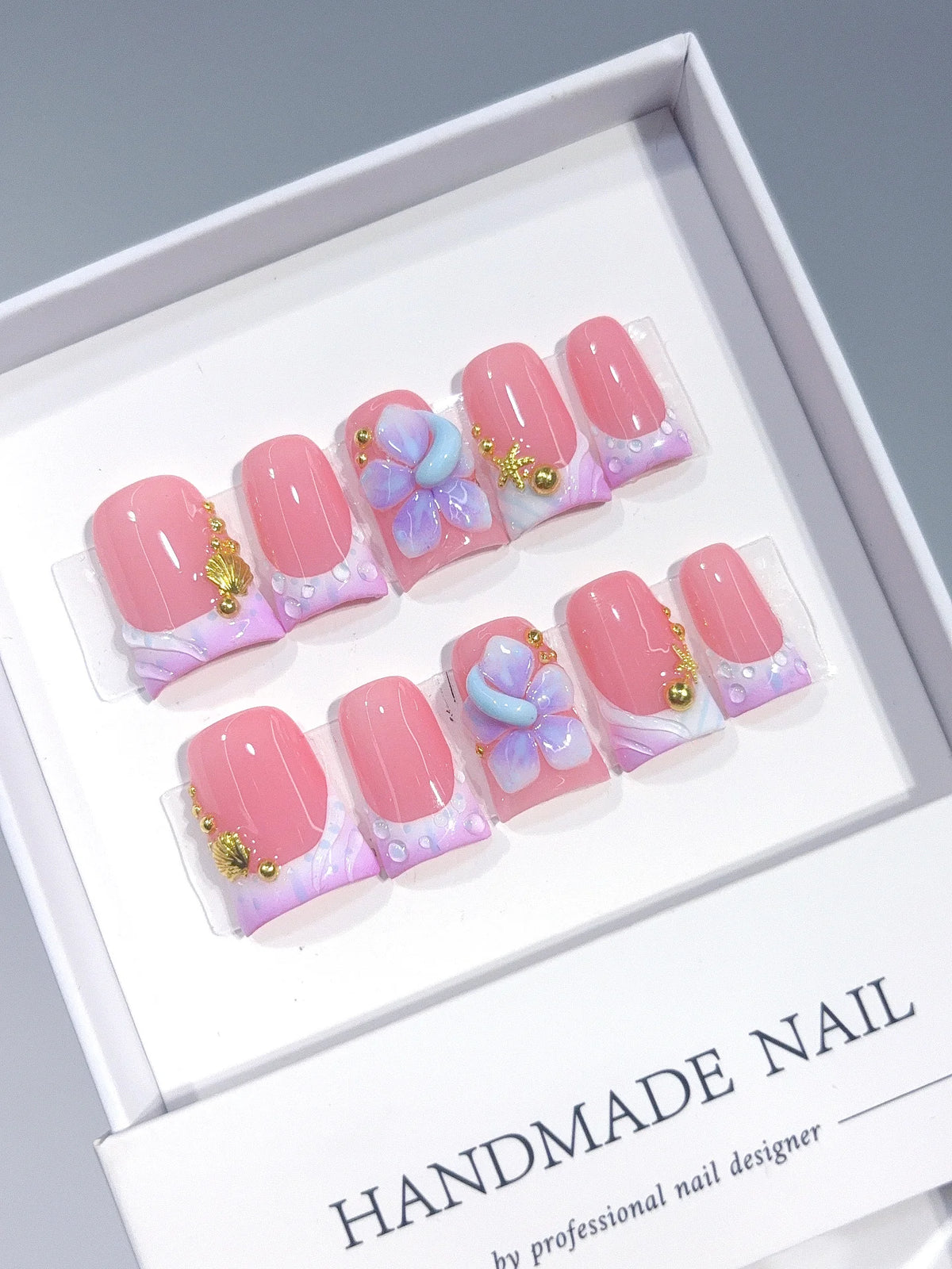 L319 - Short Pink Lilac Duck Ombre French Tip 3D Flower - view 3