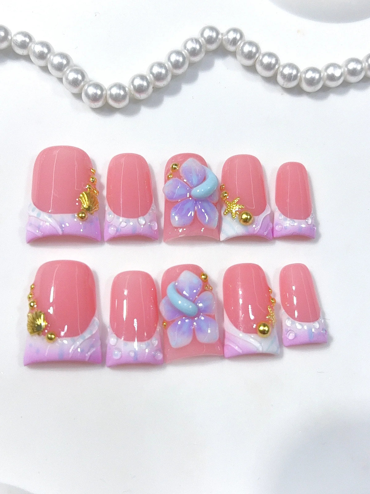 L319 - Short Pink Lilac Duck Ombre French Tip 3D Flower - view 4