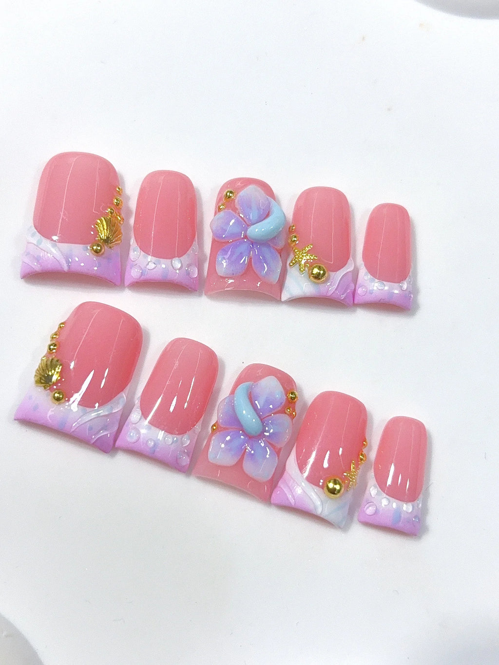 L319 - Short Pink Lilac Duck Ombre French Tip 3D Flower - view 5