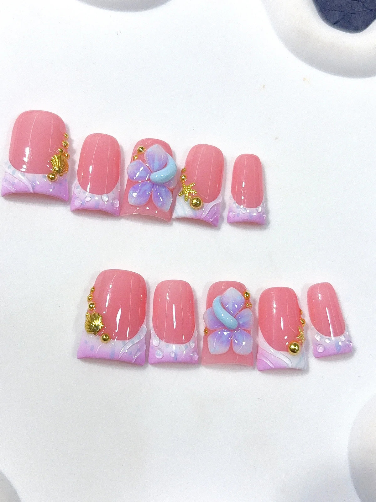 L319 - Short Pink Lilac Duck Ombre French Tip 3D Flower - view 6