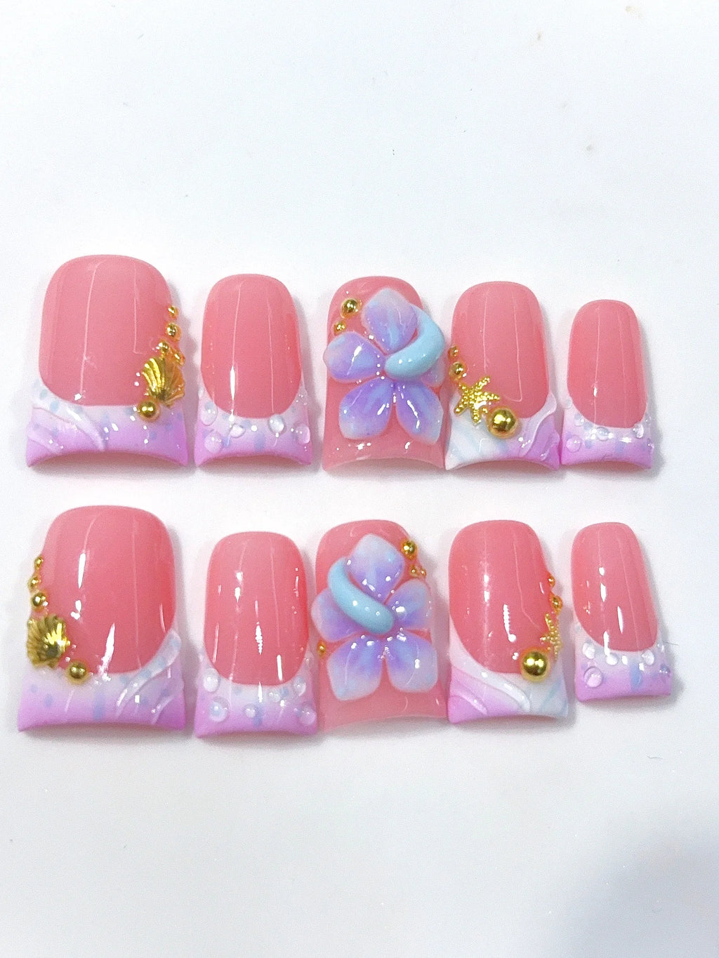 L319 - Short Pink Lilac Duck Ombre French Tip 3D Flower - view 7