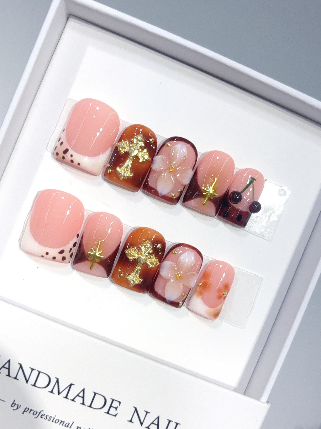 L321 - Short Nude Brown Duck French Tip Cherries Gold Cross - view 1
