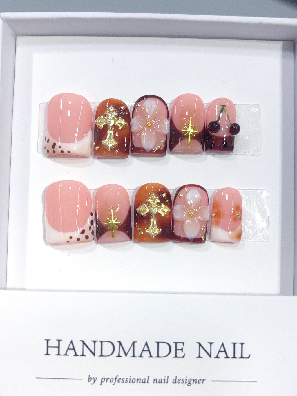 L321 - Short Nude Brown Duck French Tip Cherries Gold Cross - view 2