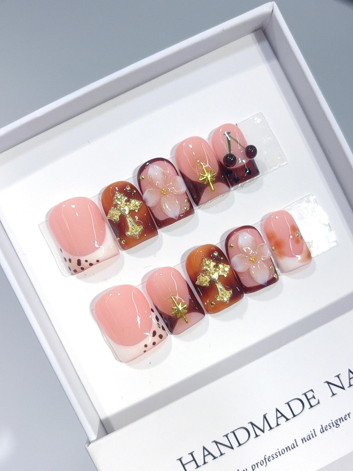 L321 - Short Nude Brown Duck French Tip Cherries Gold Cross - view 3
