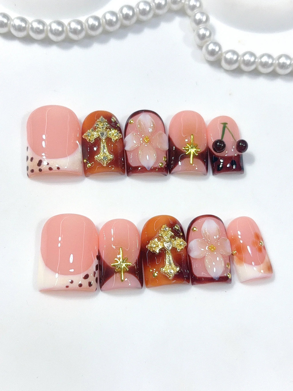 L321 - Short Nude Brown Duck French Tip Cherries Gold Cross - view 4