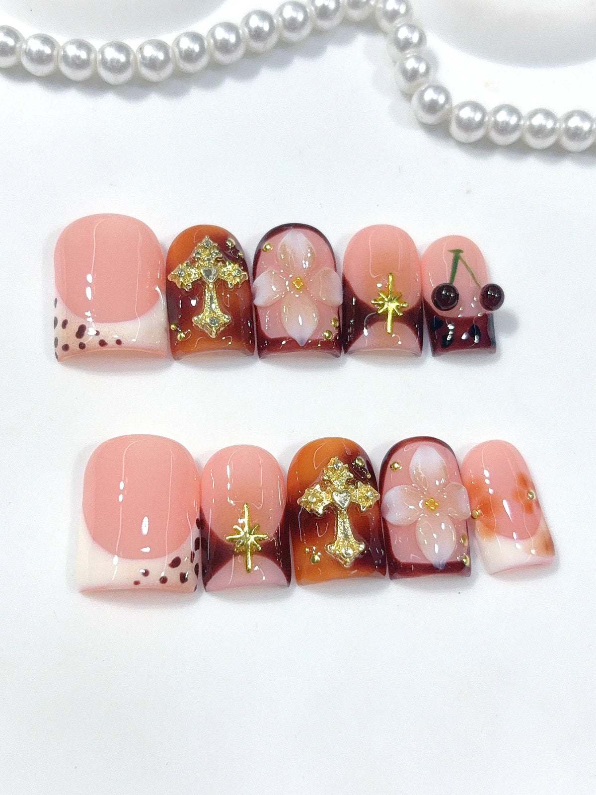 L321 - Short Nude Brown Duck French Tip Cherries Gold Cross - view 4