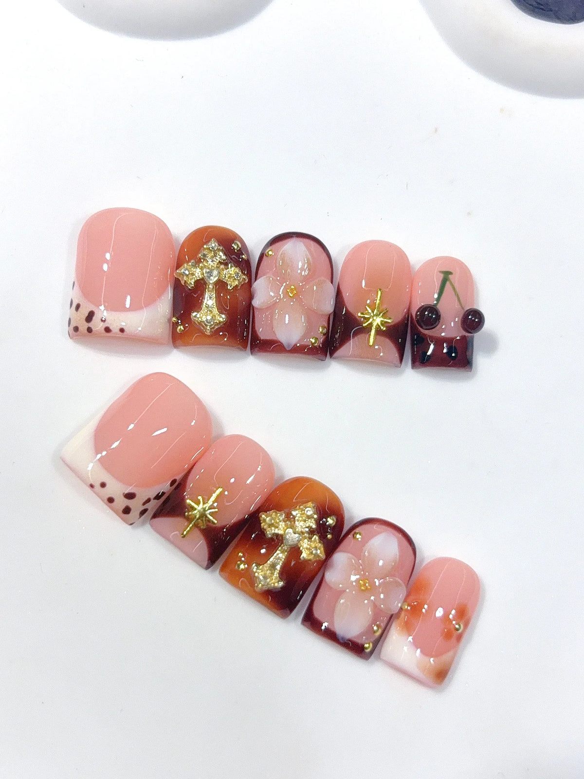 L321 - Short Nude Brown Duck French Tip Cherries Gold Cross - view 5