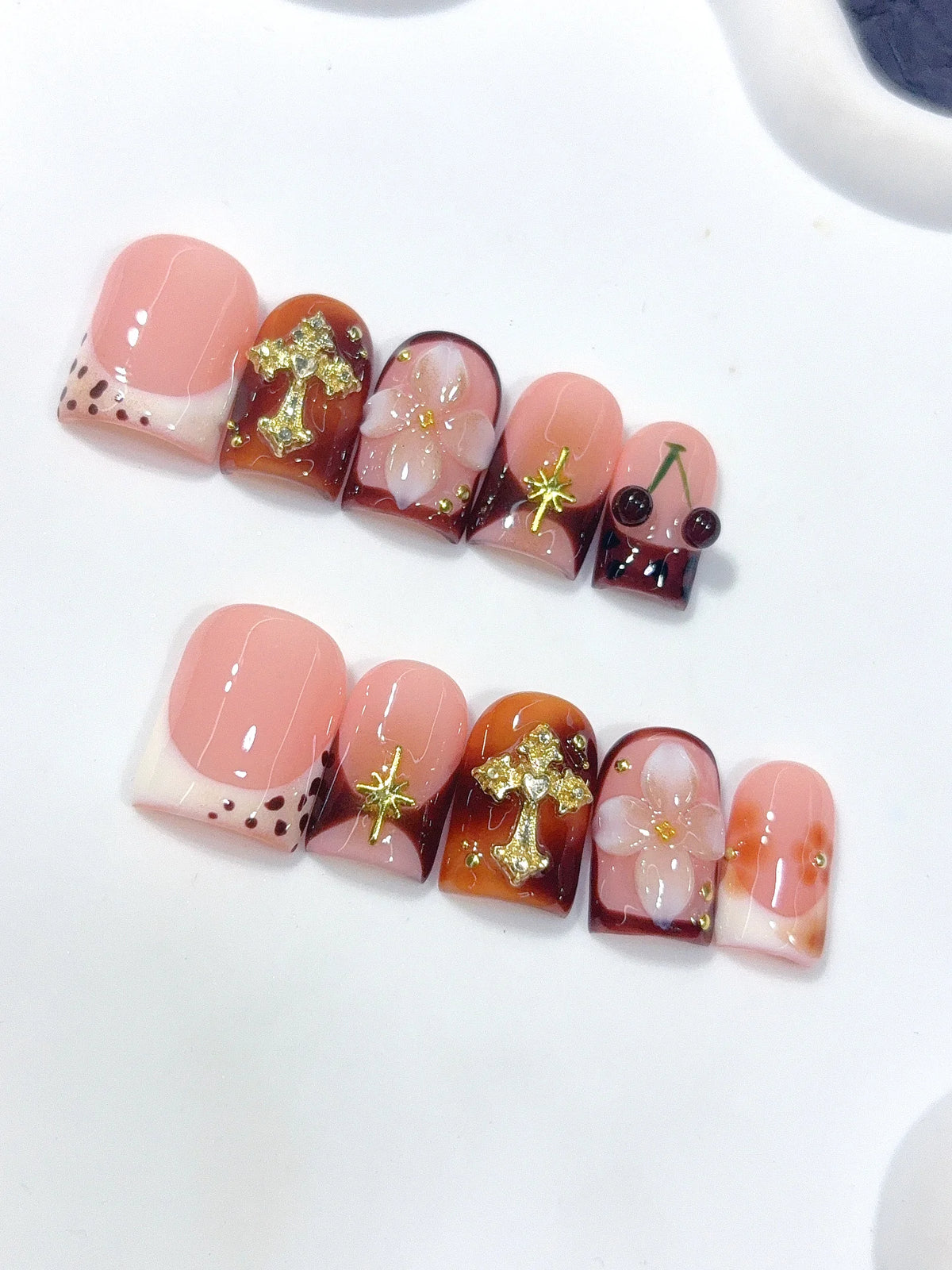 L321 - Short Nude Brown Duck French Tip Cherries Gold Cross - view 6