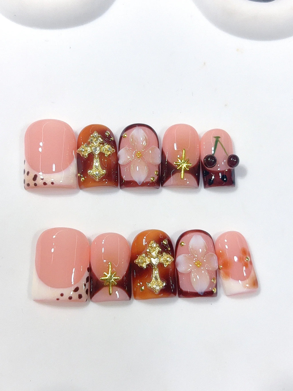 L321 - Short Nude Brown Duck French Tip Cherries Gold Cross - view 7