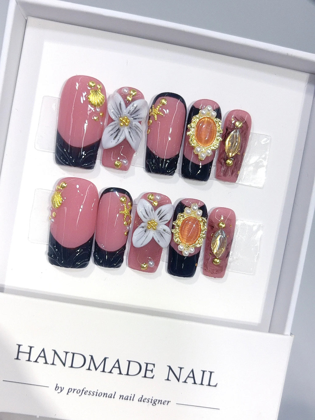 L322 - Medium Long Rose Pink Black Square French Tip Jewel Floral - view 1