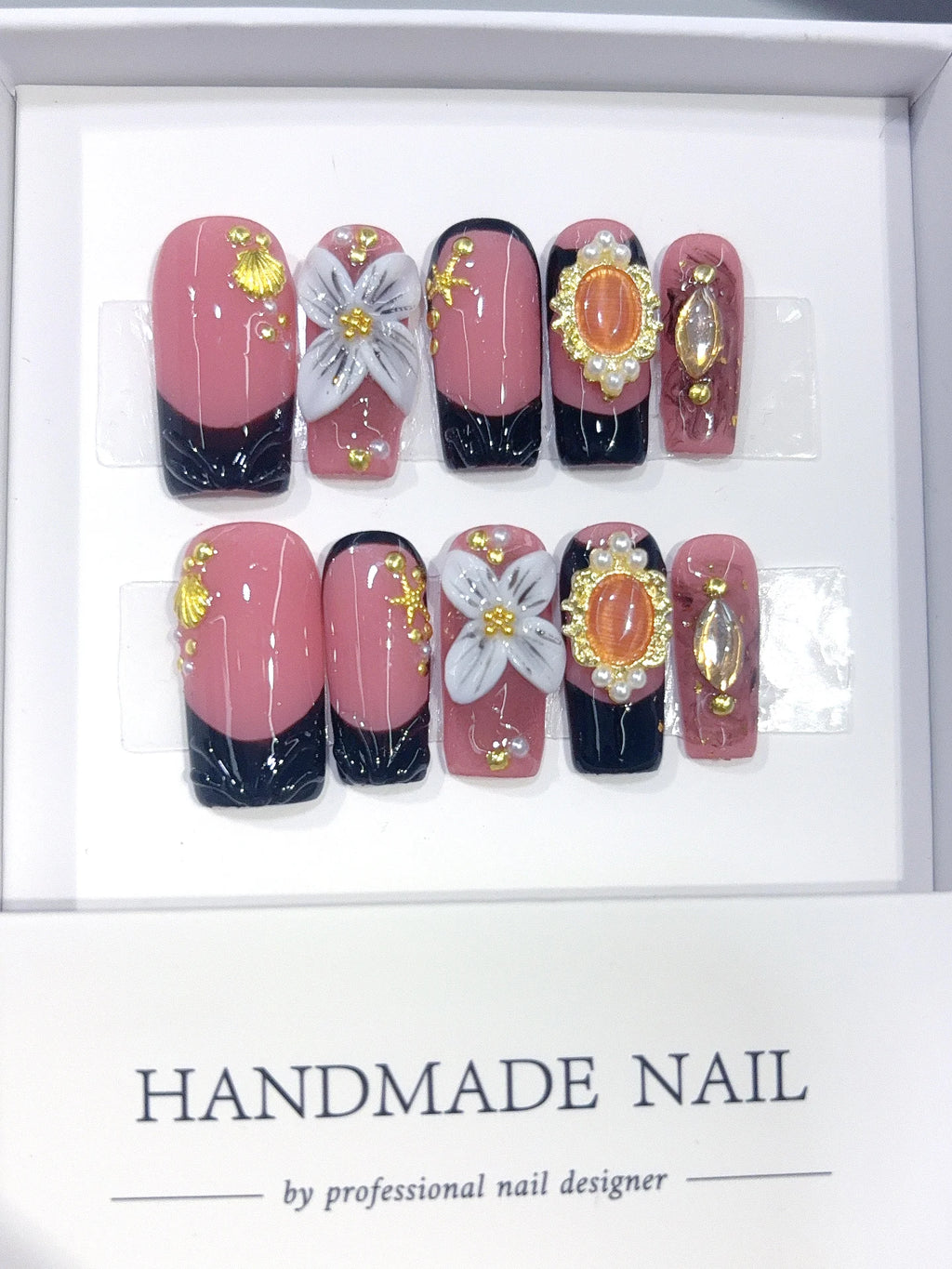 L322 - Medium Long Rose Pink Black Square French Tip Jewel Floral - view 2