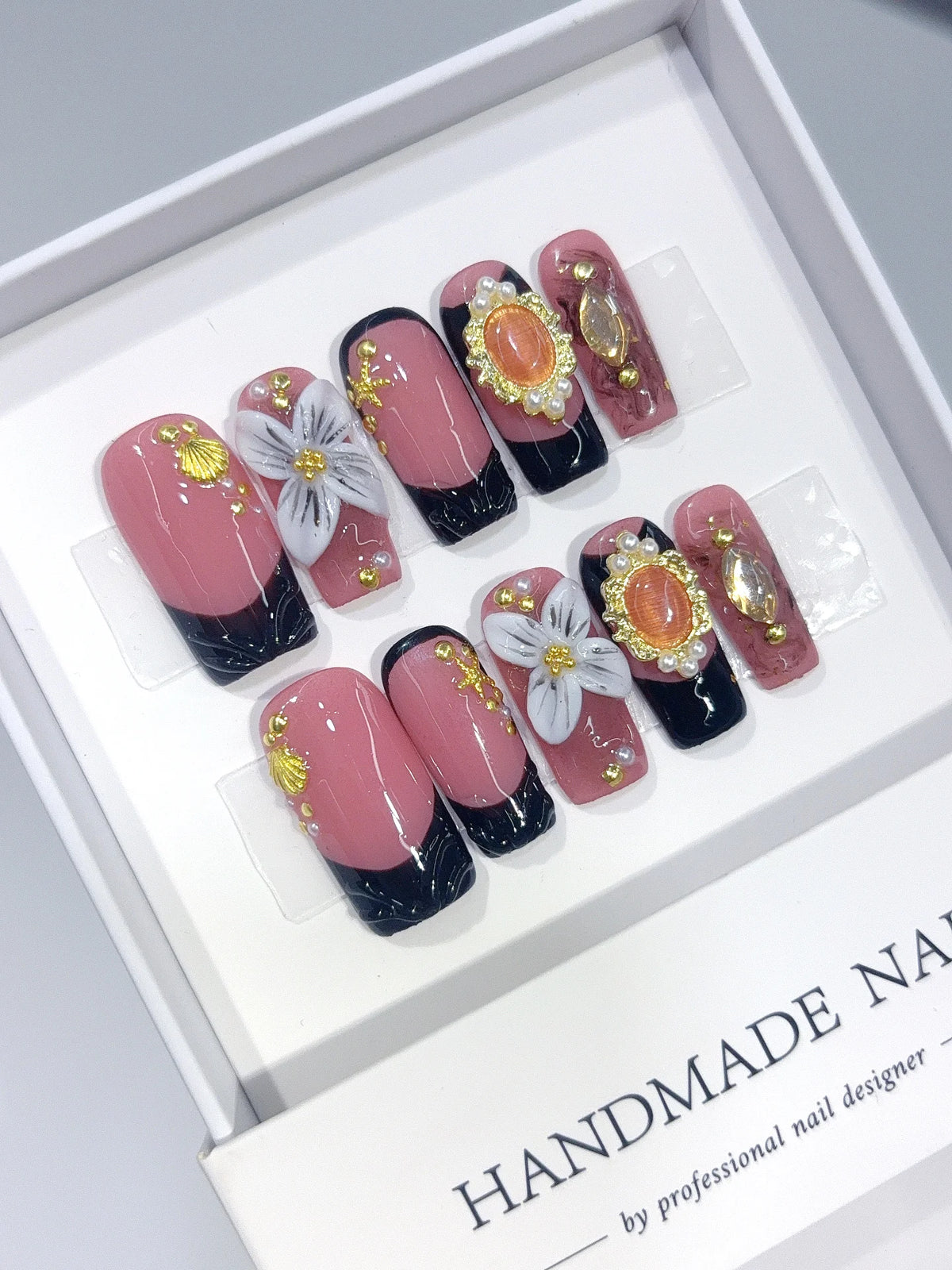 L322 - Medium Long Rose Pink Black Square French Tip Jewel Floral - view 3
