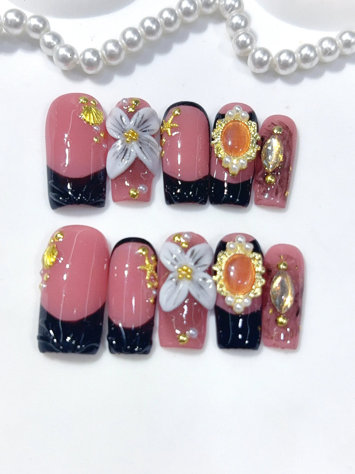 L322 - Medium Long Rose Pink Black Square French Tip Jewel Floral - view 4