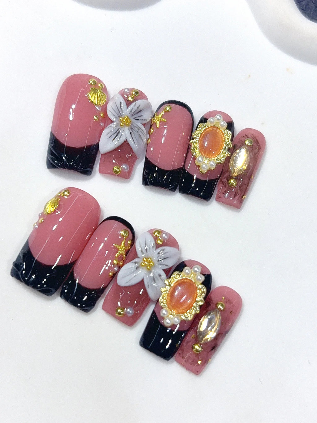 L322 - Medium Long Rose Pink Black Square French Tip Jewel Floral - view 5