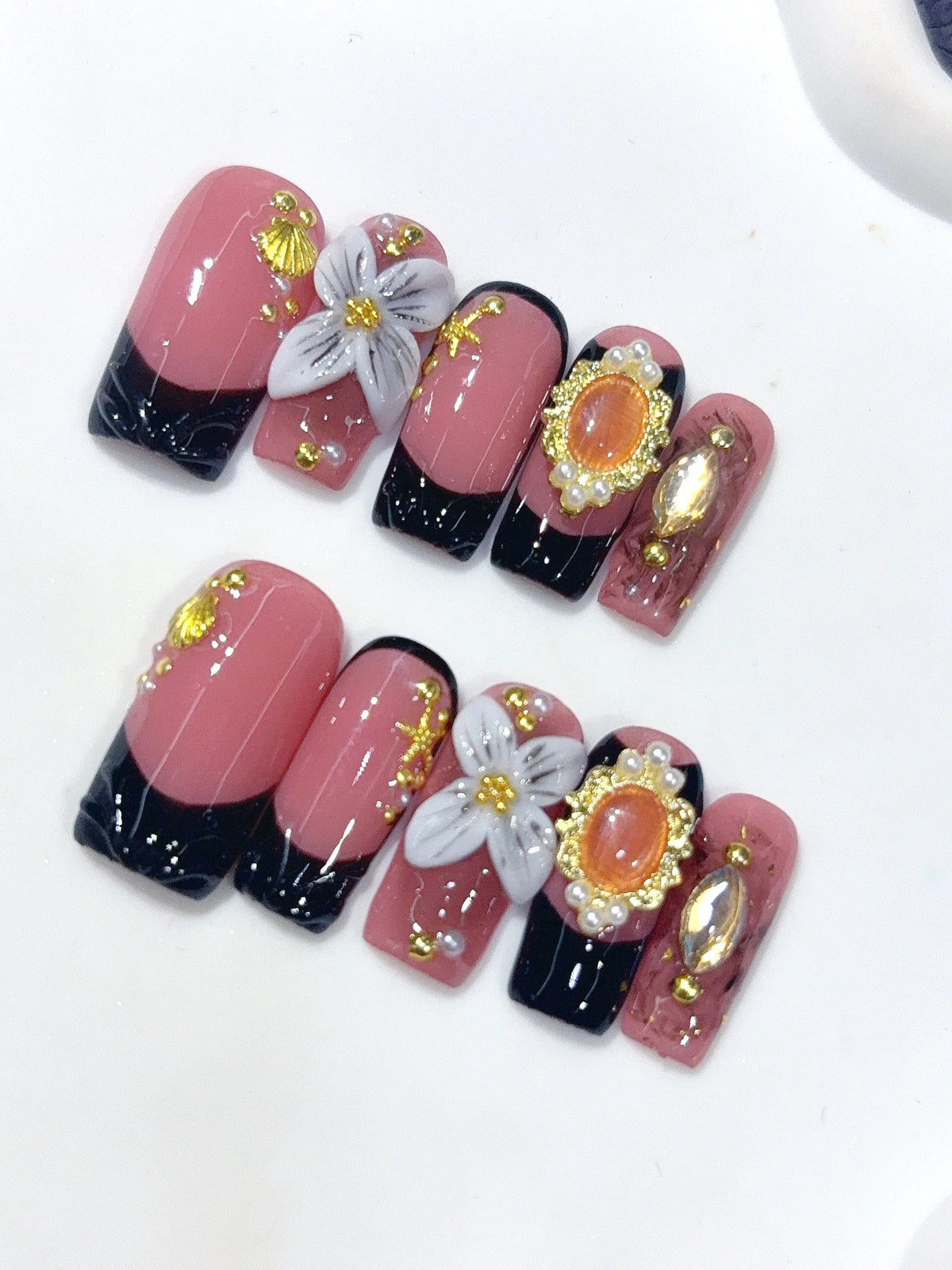 L322 - Medium Long Rose Pink Black Square French Tip Jewel Floral - view 6