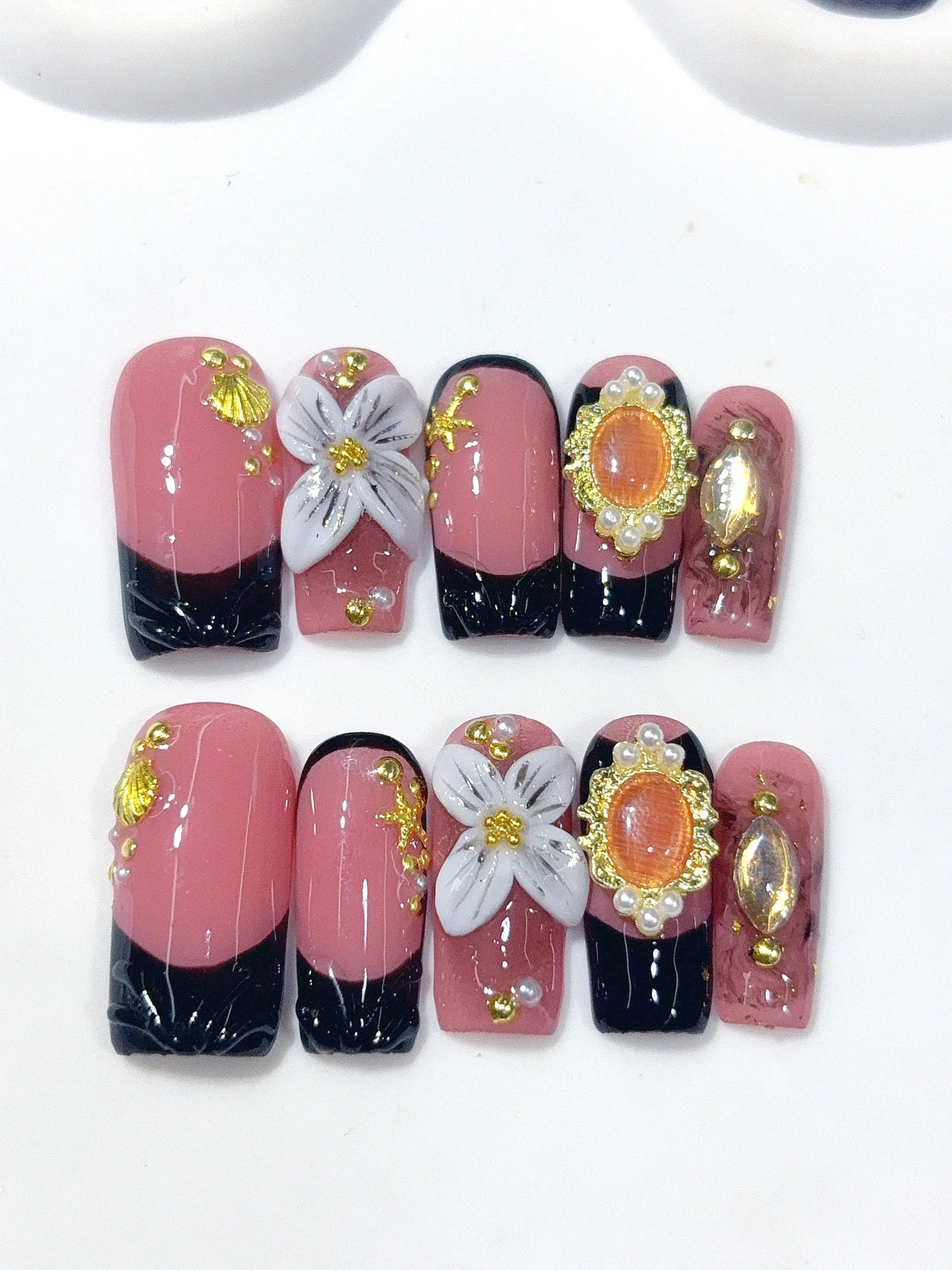 L322 - Medium Long Rose Pink Black Square French Tip Jewel Floral - view 7