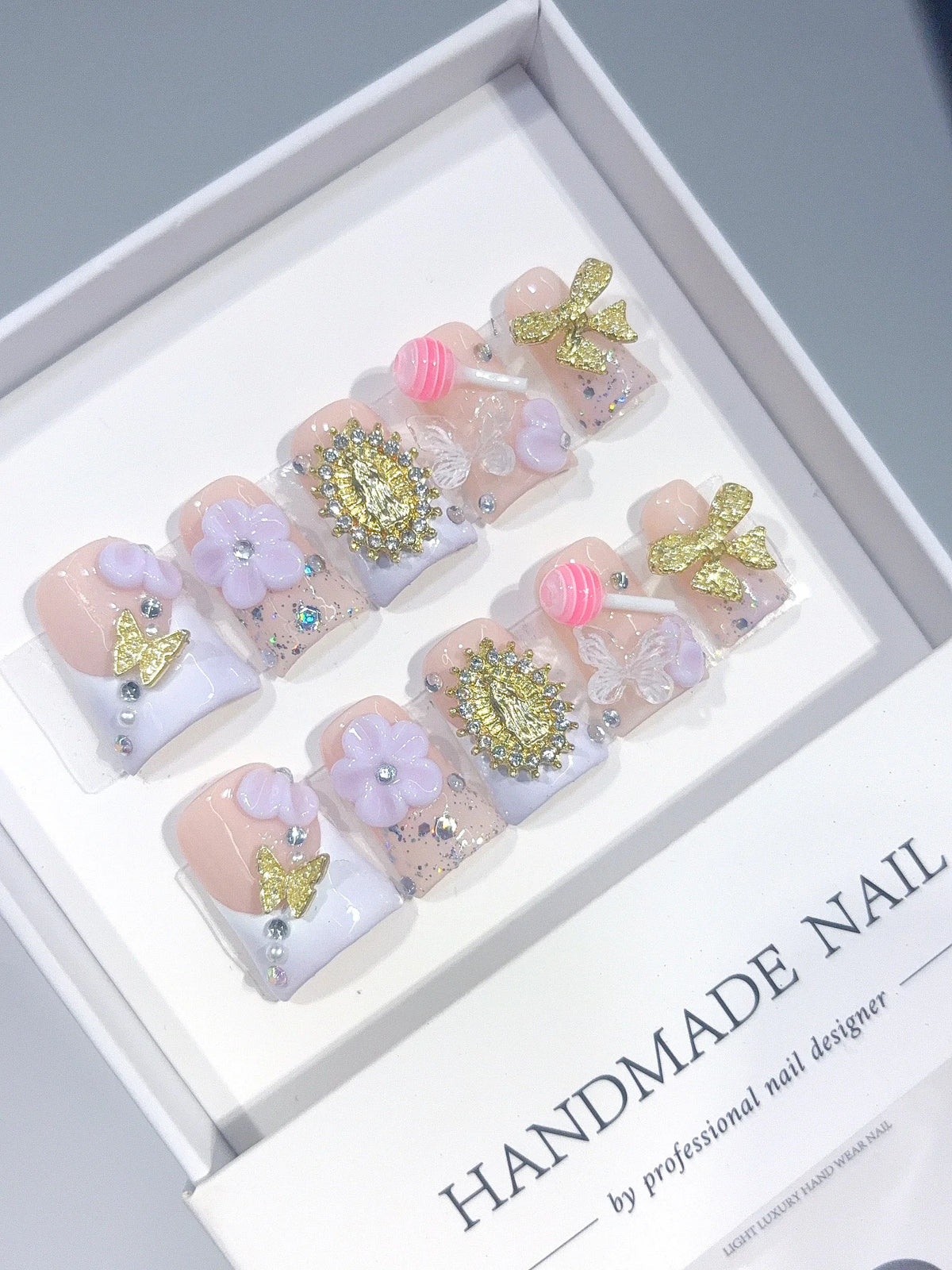 L324 - Short Lilac Nude Duck French Tip Bow Candy Charms - view 3