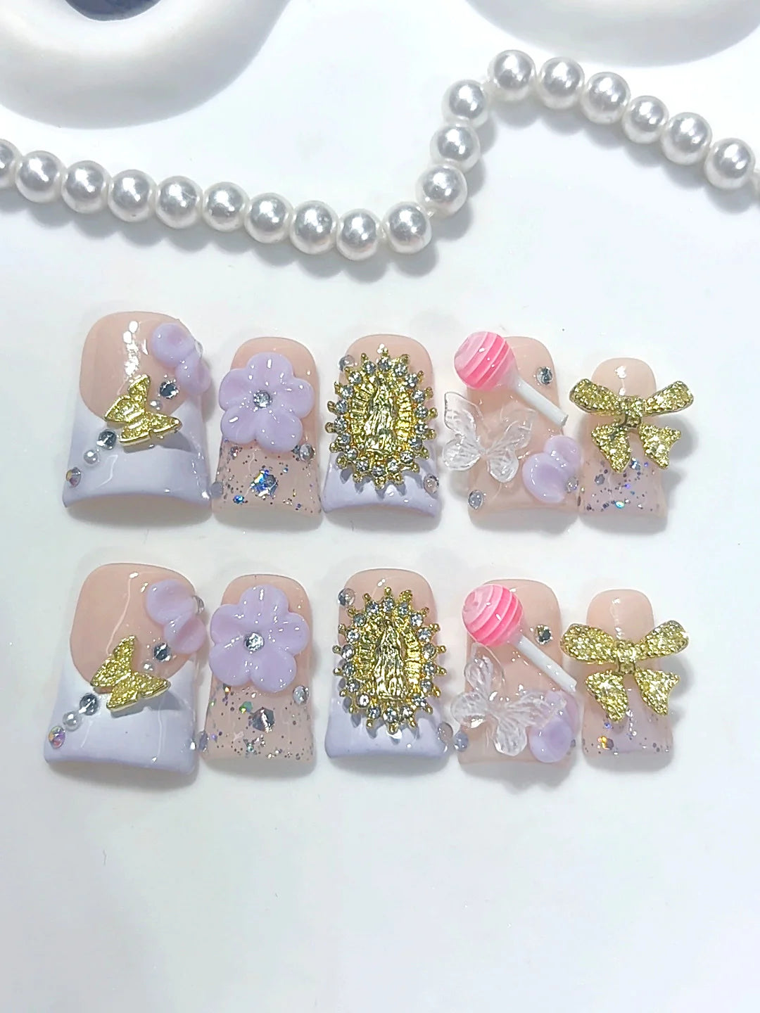 L324 - Short Lilac Nude Duck French Tip Bow Candy Charms - view 4