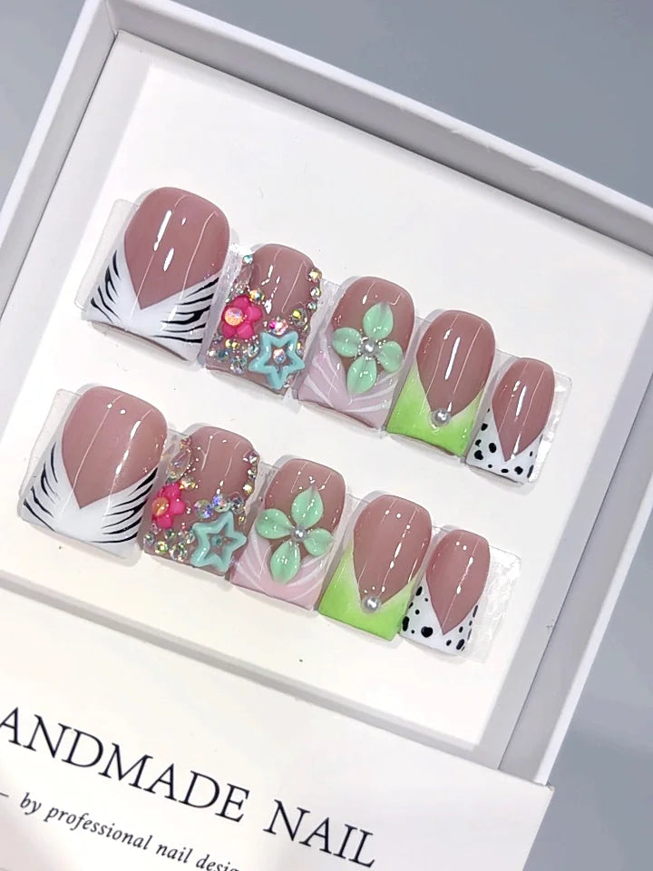 L326 - Short Nude Green Duck Animal Print French Tip Star Floral - view 1