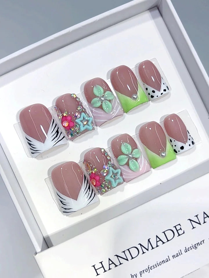 L326 - Short Nude Green Duck Animal Print French Tip Star Floral - view 2